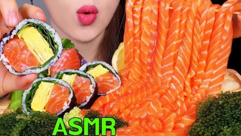韩国美女吃播声控!生三文鱼面条 寿司 海葡萄,唇齿留鲜啊!