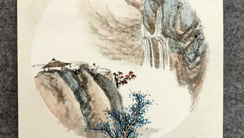 浅绛小写意山水画:秋山观瀑图,戎荻画并记