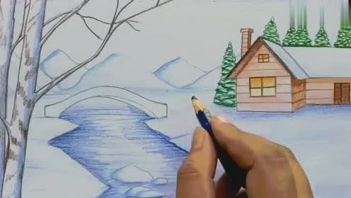 美术绘画水彩彩铅素描雪后的房屋喜欢的快来和我一起画吧