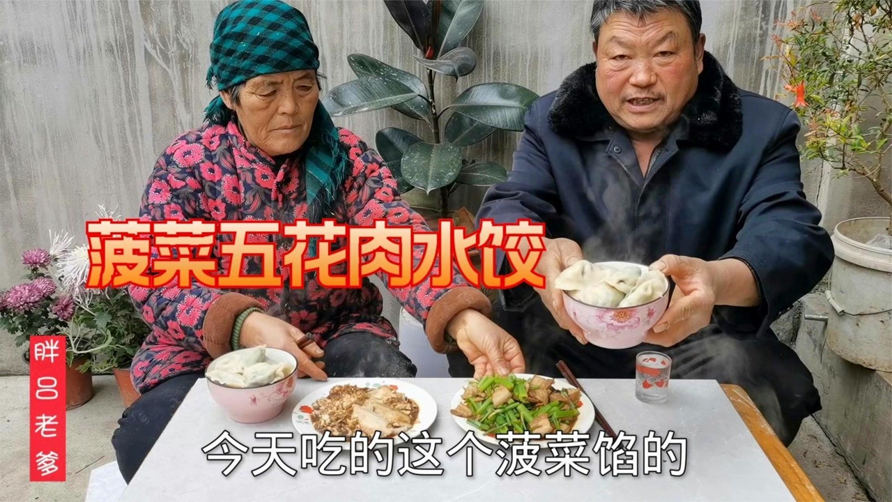 胖吕老爹去地里割新鲜的菠菜,加上肥美五花肉包水饺