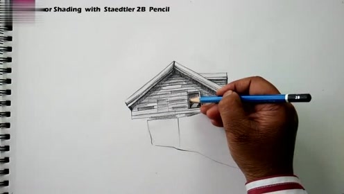 绘画的艺术:画家细致描画出房子侧面,还画了一道立起的墙