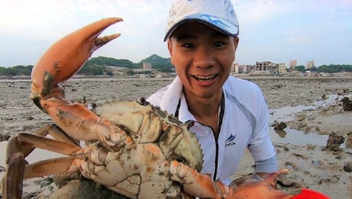 渔人阿烽:阿烽下岛赶海猛抓大螃蟹,大螃蟹拿回家孝敬老人,好孝顺!