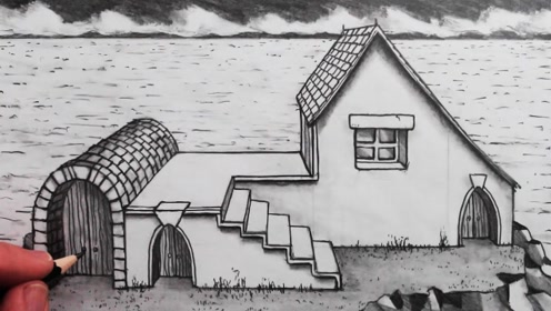铅笔素描画:画海边小屋
