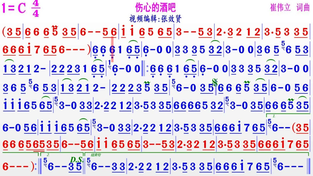 纯音乐《伤心的酒吧》的彩色动态简谱