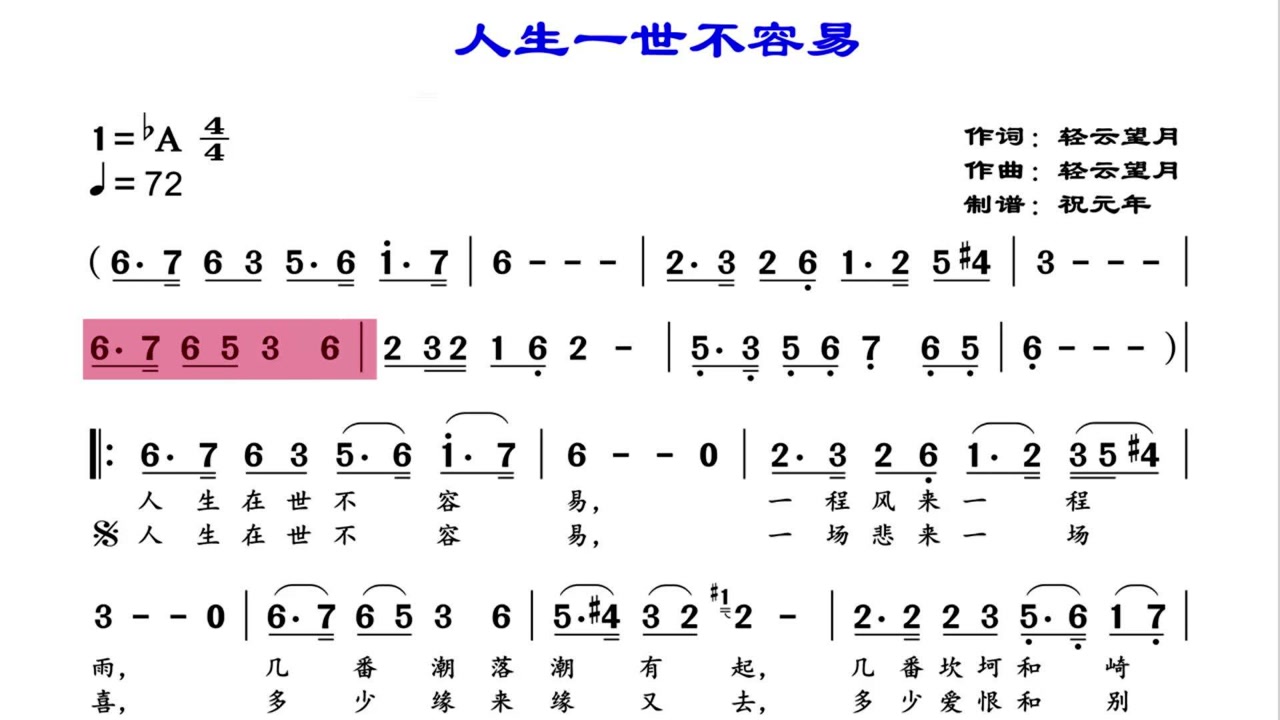 歌曲《人生一世不容易》伴奏配动态谱,送给喜欢k歌和乐器演奏的朋友们
