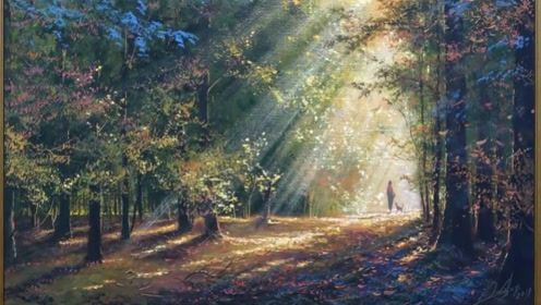 油画风景演示,怎样画出阳光穿透森林的效果!