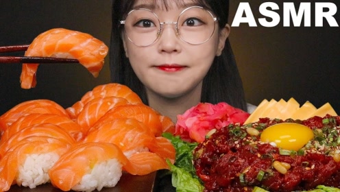 韩国美女吃播声控!生牛肉配生鸡蛋 生三文鱼寿司,味道如何?