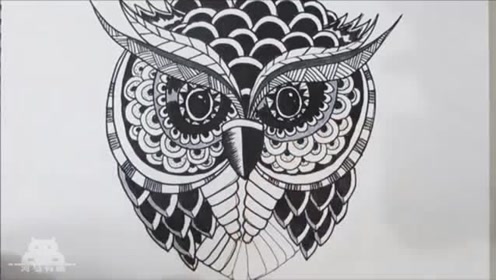 河马有画教你一招震撼的线描画用禅绕画来画一只猫头鹰 腾讯视频