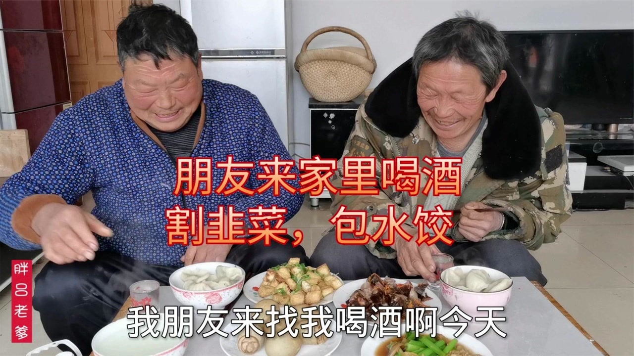 朋友来家里喝酒,胖吕老爹去地里割韭菜,包韭菜鸡蛋,鲜