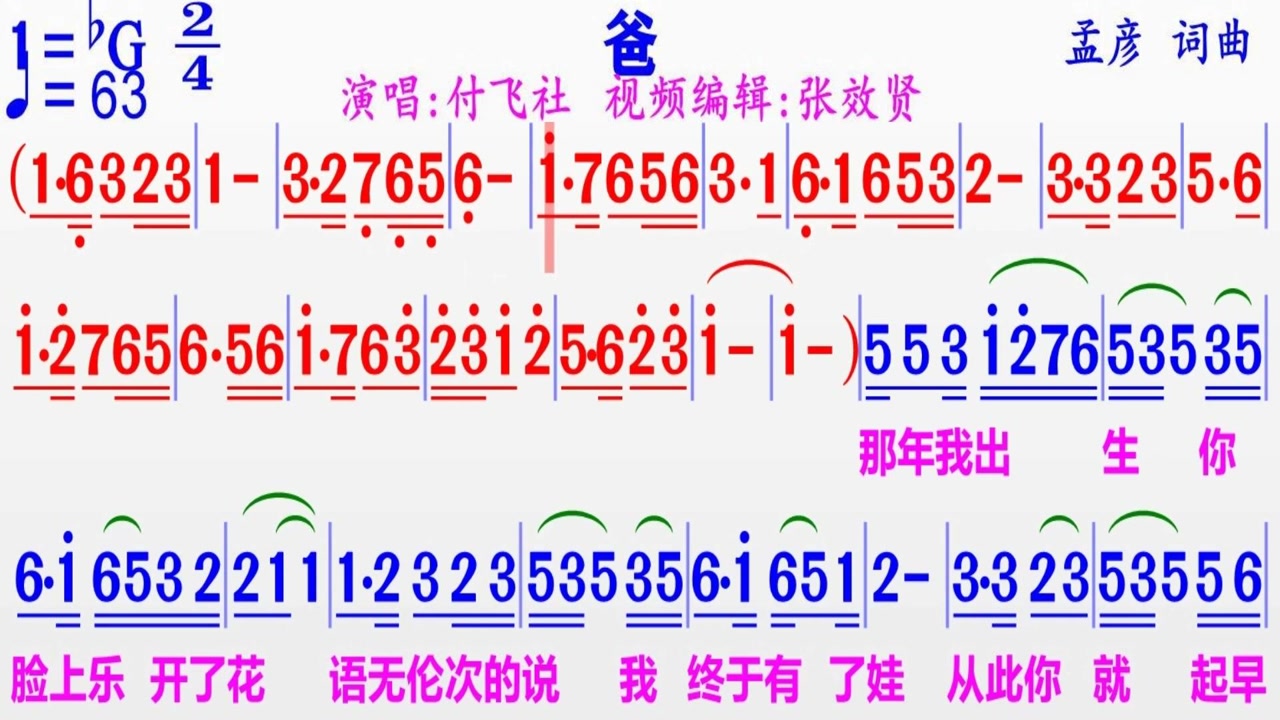 付飞社演唱《爸》的完整版彩色动态简谱
