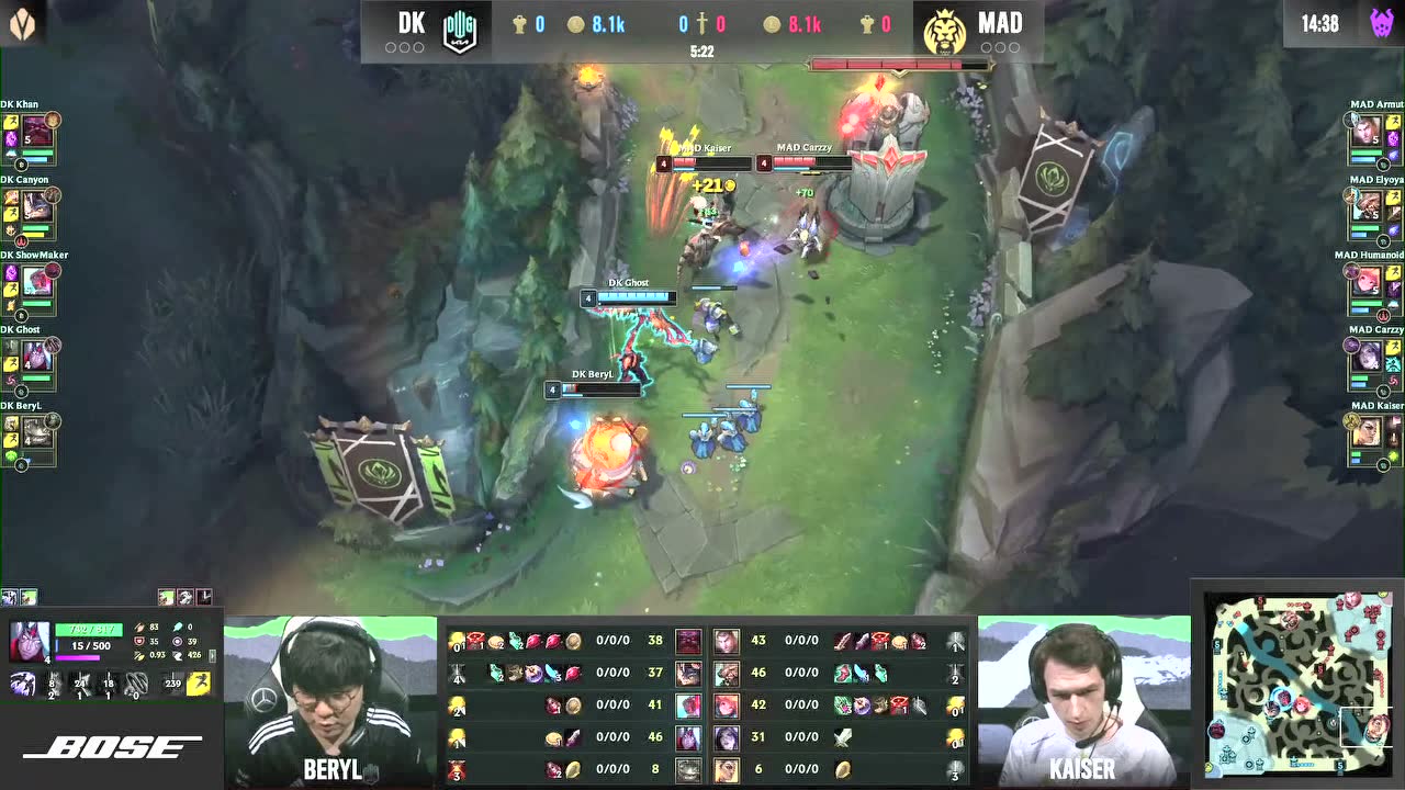 Kaiser闪现挑回塔姆拿下一血 Ghost韦鲁斯灵活拉扯击杀Carzzy