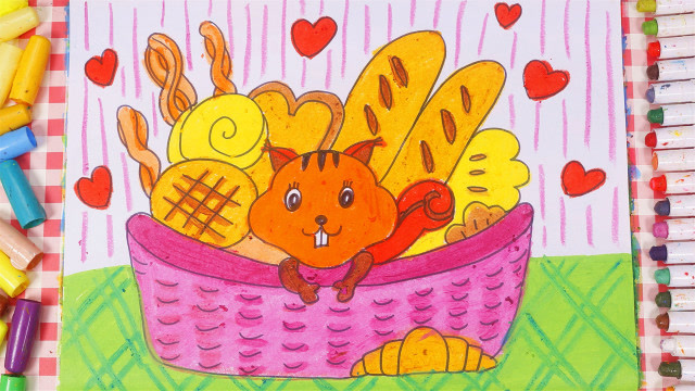 儿童画场景故事 藏在面包筐里的小松鼠