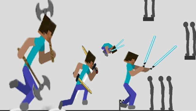 我的世界：双斧史蒂夫玩火柴人小游戏，搞笑动画免费观看