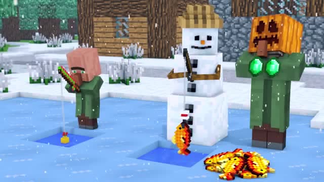 我的世界雪人真厉害，在河边钓鱼，一会就钓了好多鱼，还帮助邻居！免费观看