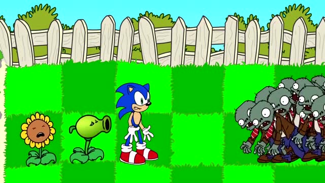 植物大战僵尸游戏动画：索尼克变成蓝色圆球滚僵尸免费观看