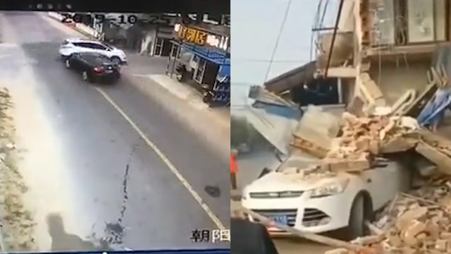 路口兩車相撞,撞塌路邊樓房,交警質問司機:你在開飛機嗎?