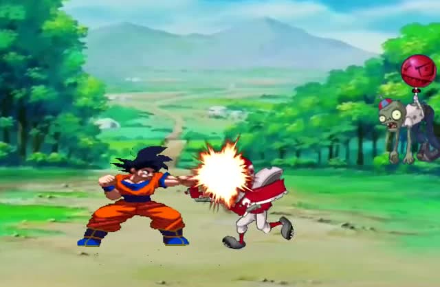 悟空气波拳一下消灭所有路障和橄榄球小鬼！pvz游戏动画免费观看