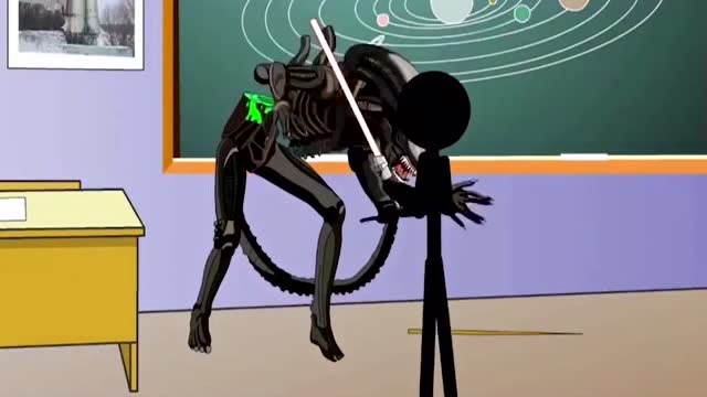 火柴人趣味游戏：老师突然变身异形，学生随手掏出了激光剑免费观看