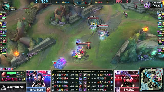 LPL夏季赛比赛视频W3D2 TOP vs FPX 第1场免费观看