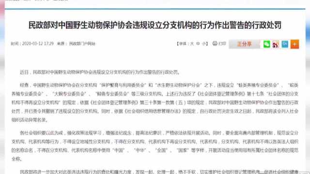 中国野生动物保护协会被处罚:违规设立分支机构