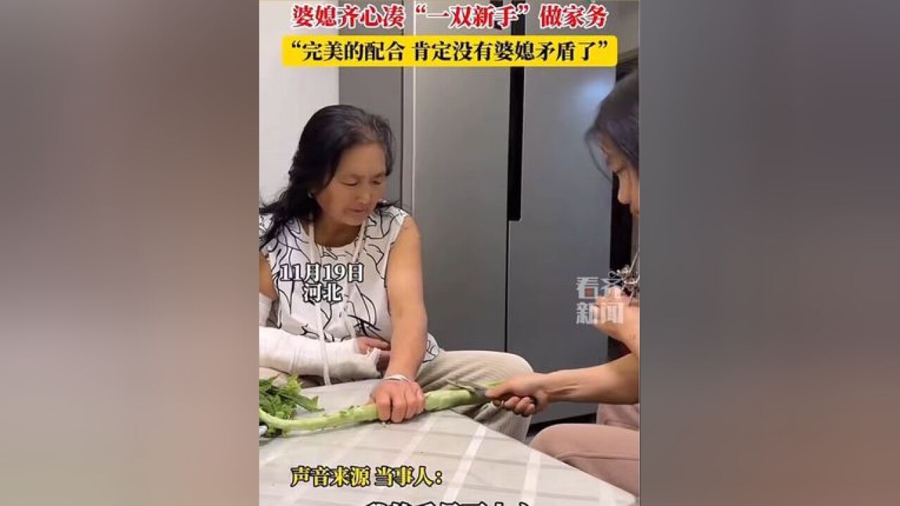 婆媳齐心凑“一双新手”做家务”