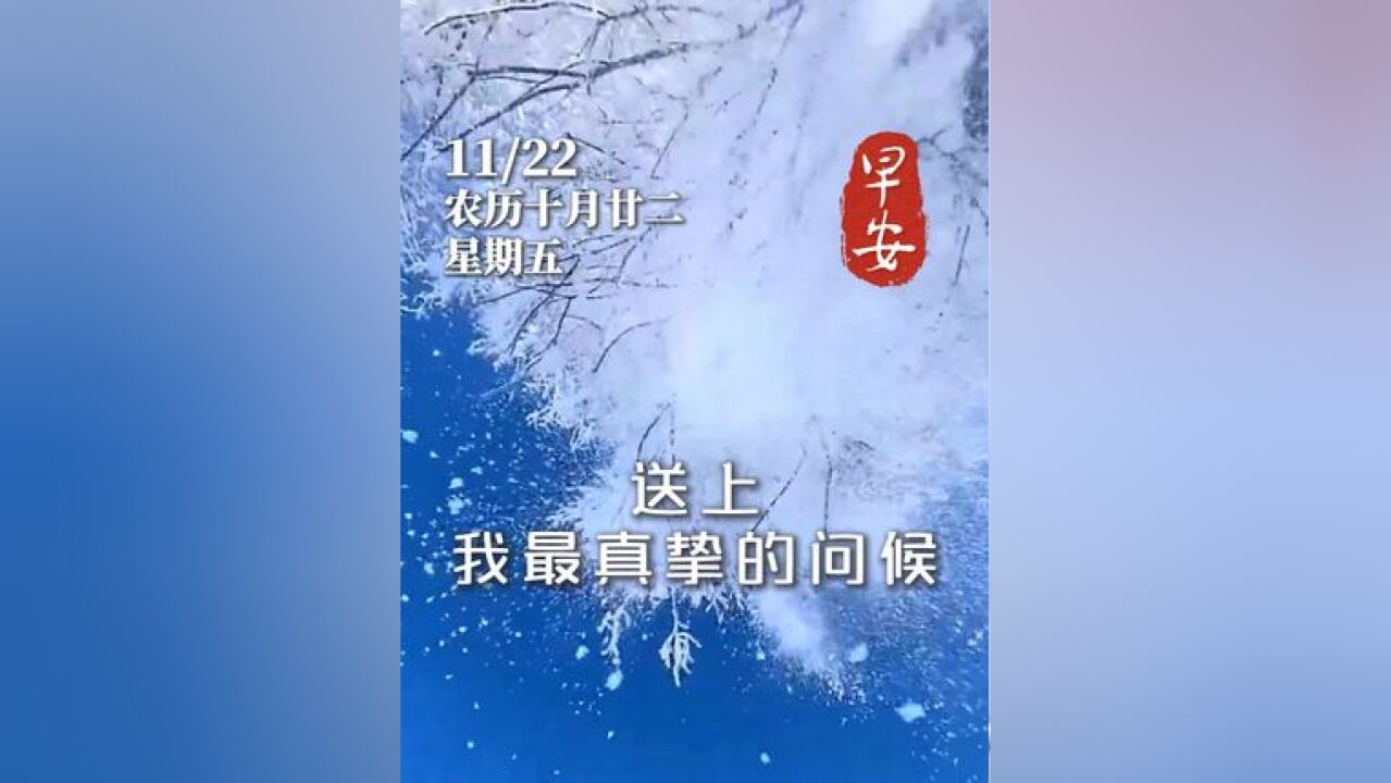 小雪至,寒风起,今天是11月22日星期五,送上我最真挚的问候,愿我的祝福像温暖的阳光,带给您无尽的温暖和幸福.早安!