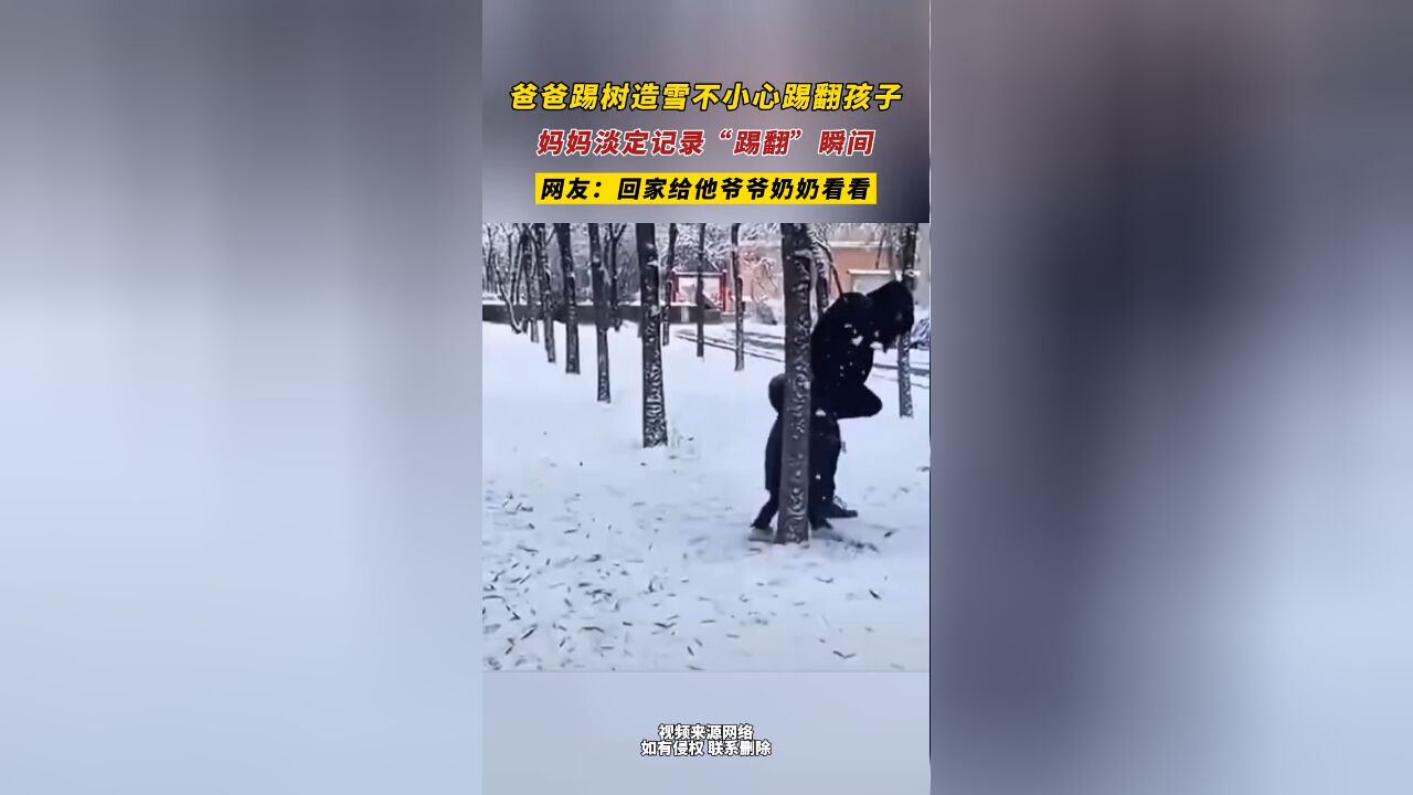 近日 新疆 爸爸踢树造雪不小心踢翻孩子 妈妈淡定记录“踢翻”瞬间