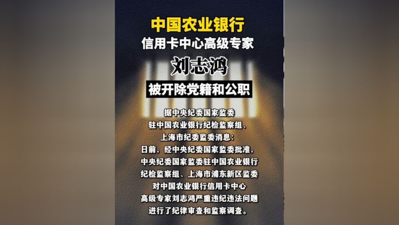 中国农业银行信用卡中心高级专家刘志鸿被开除党籍和公职