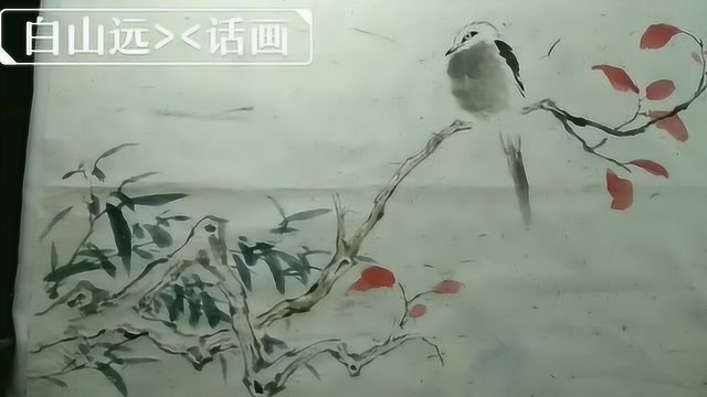 白山远话画之红叶白头翁,点点红叶,风中摇曳,白头翁憨态可掬