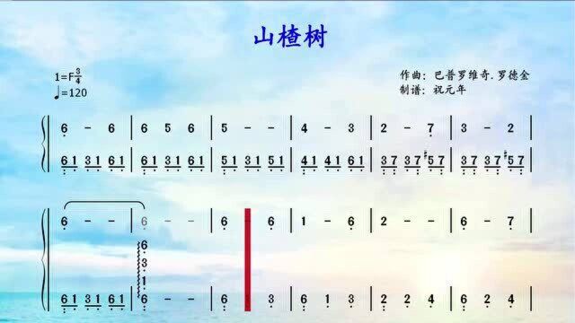 根据前苏联歌曲《山楂树》改编的钢琴曲,F调简谱简单版,适合初学者弹奏