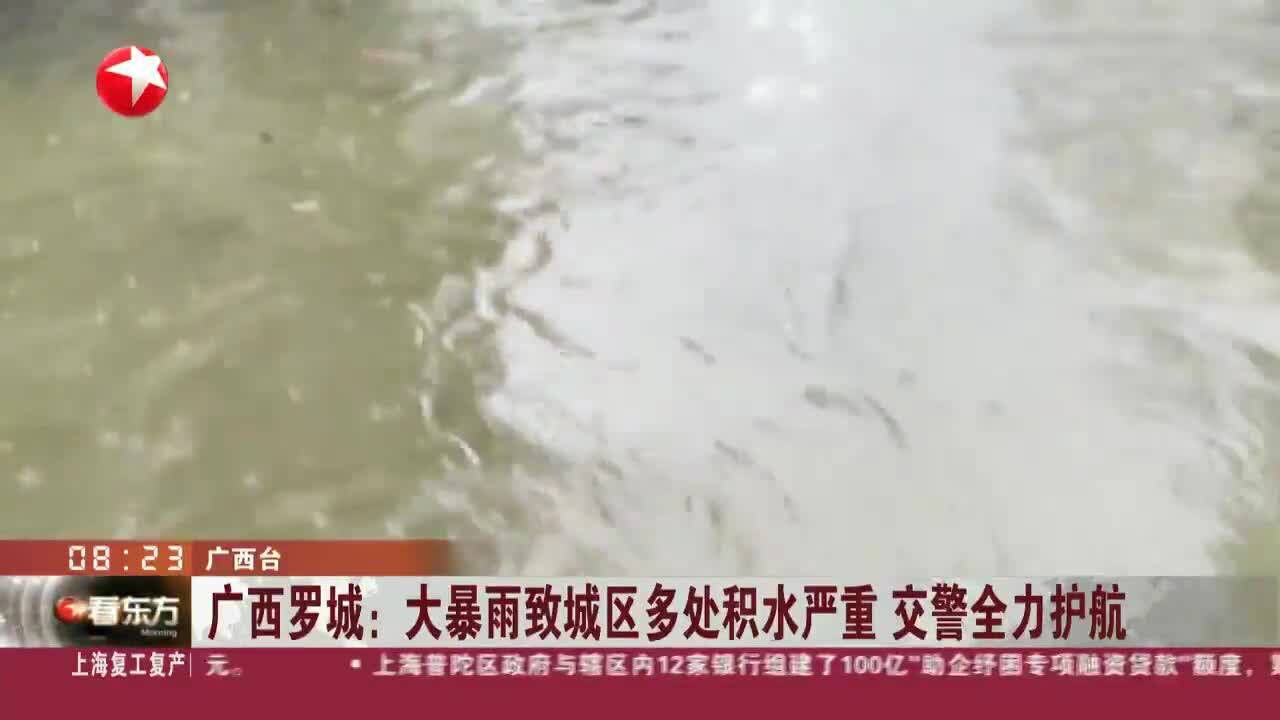 广西罗城:大暴雨致城区多处积水严重 交警全力护航