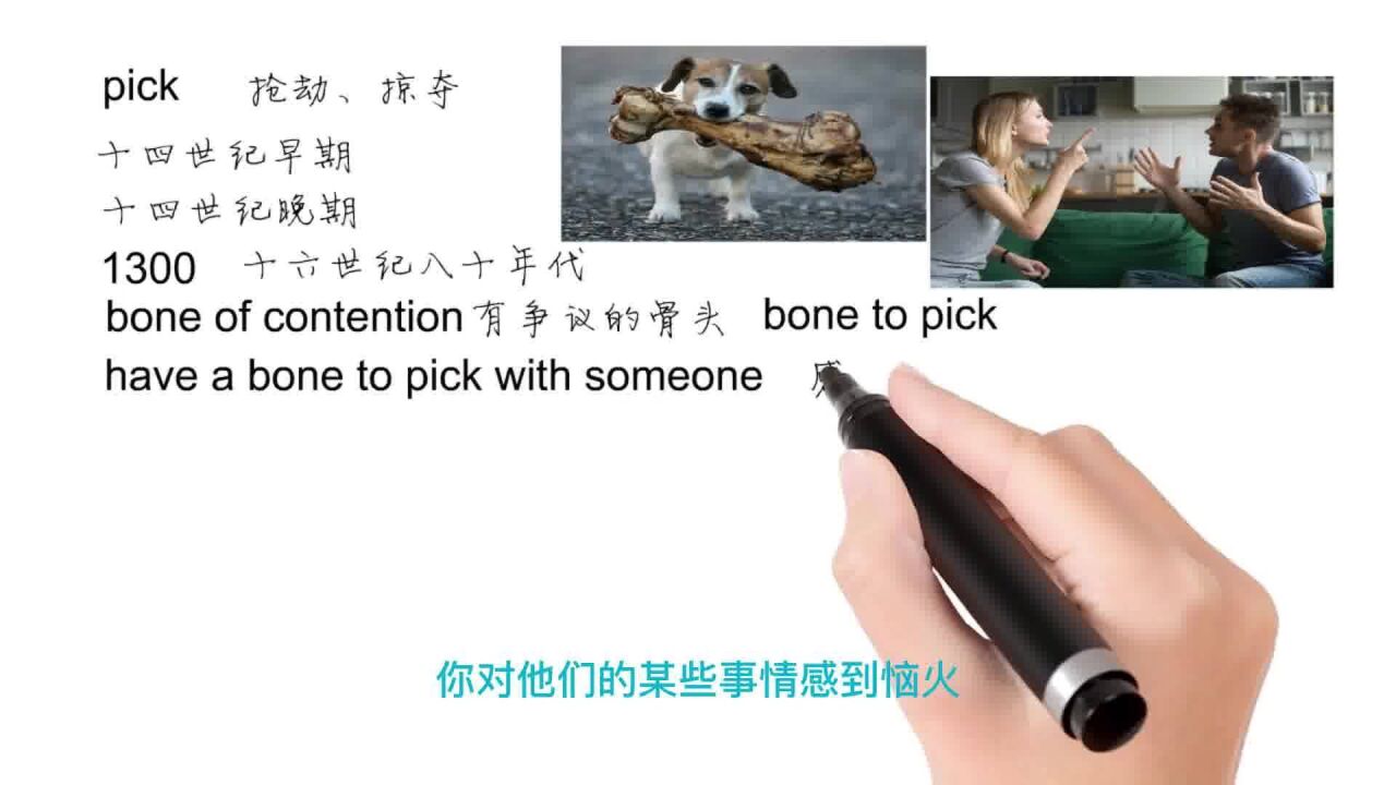 英语思维解密,have a bone to pick with someone表示对某人不满,轻松学英语