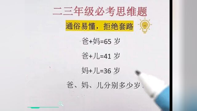 二三年级必考思维题,问爸爸、妈妈、儿子的年龄分别是多少岁?