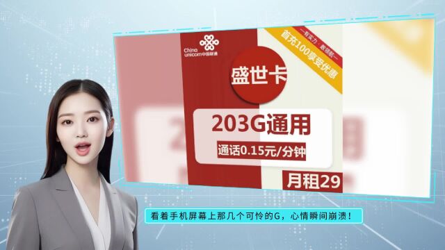 联通盛世卡29元包203G通用+通话0.15元分钟