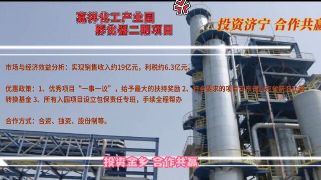 嘉祥化工产业园孵化器二期项目!规划建设甲类车间、丙类车间、甲类仓库及污水处理、罐区、消防水池等,基础设施较为完善.优秀项目“一事一议”,...