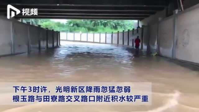 深圳光明新区风雨忽猛忽弱 行人被“吹”路边 井盖水流喷涌