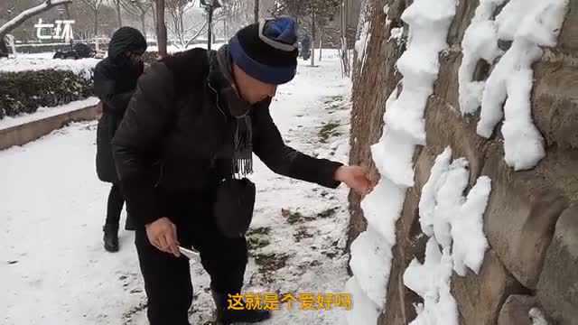 高手在民间!大爷在墙上用雪画开封铁塔