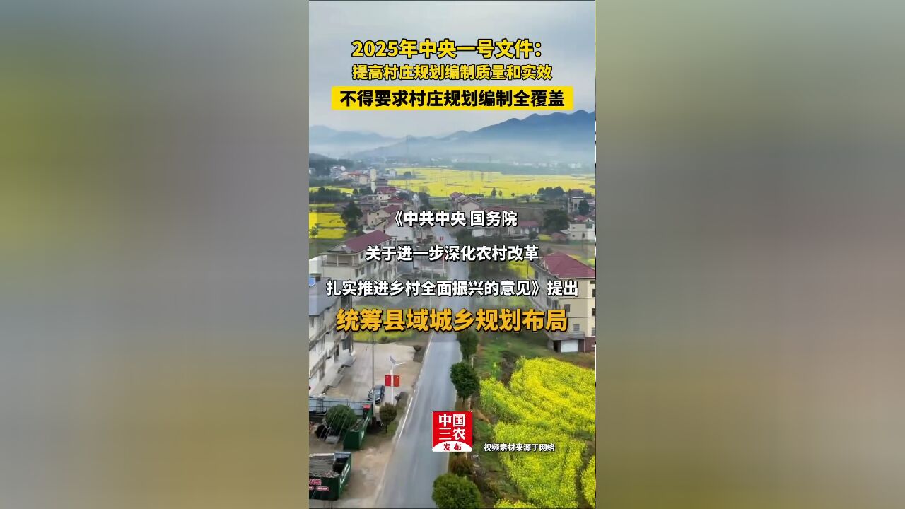 2025年中央一号文件:提高村庄规划编制质量和实效,不得要求村庄规划编制全覆盖