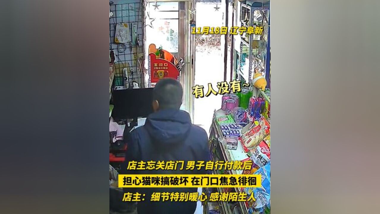 店主忘关店门,男子自行付款后担心猫咪搞破坏,在门口焦急徘徊,店主:细节特别暖心,感谢陌生人!