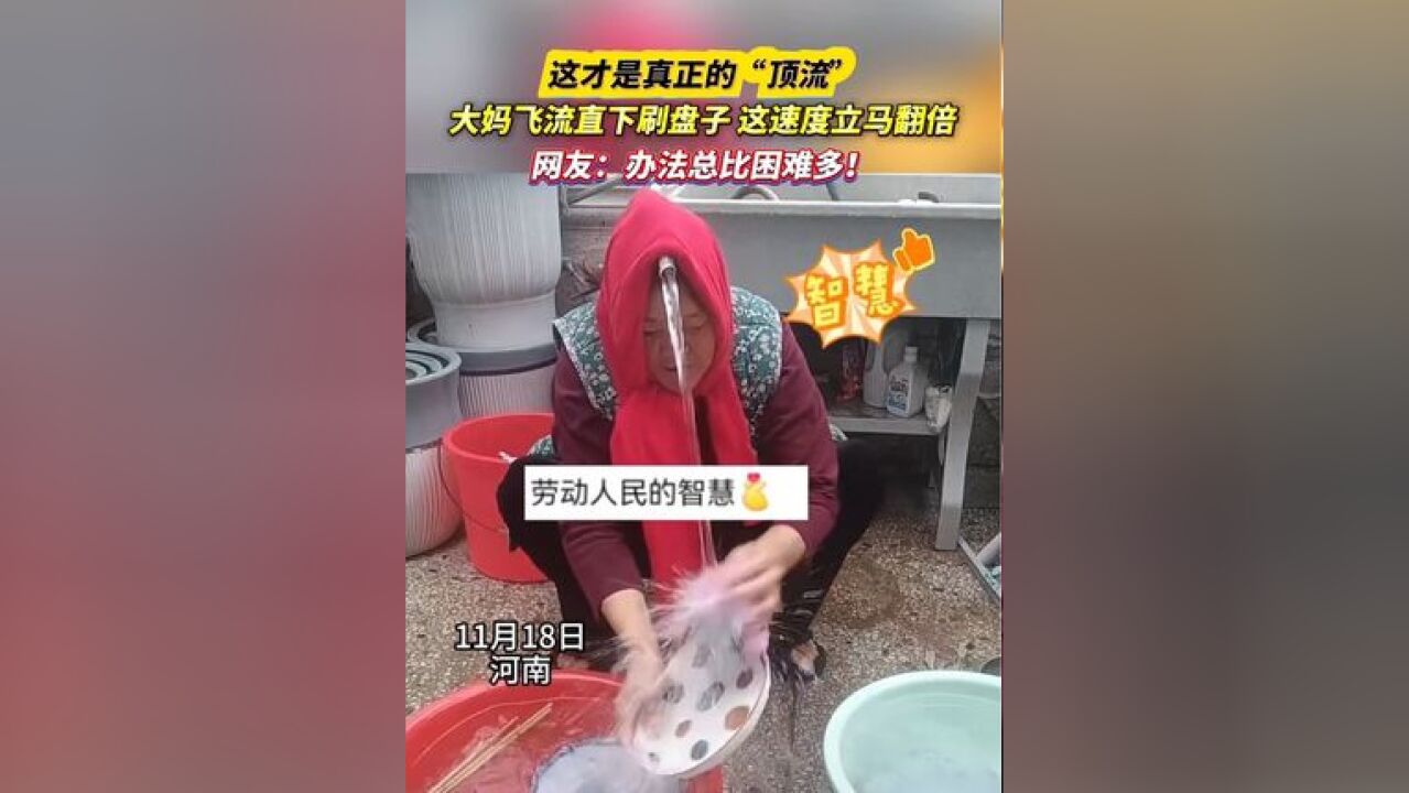 这才是真正的“顶流”,大妈飞流直下刷盘子 这速度立马翻倍,网友:办法总比困难多!#搞笑#洗碗#智慧