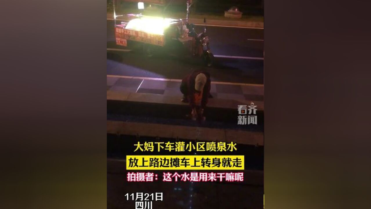 大妈下车灌小区喷泉水放上路边摊车上转身就走 拍摄者:这个水是用来干嘛呢