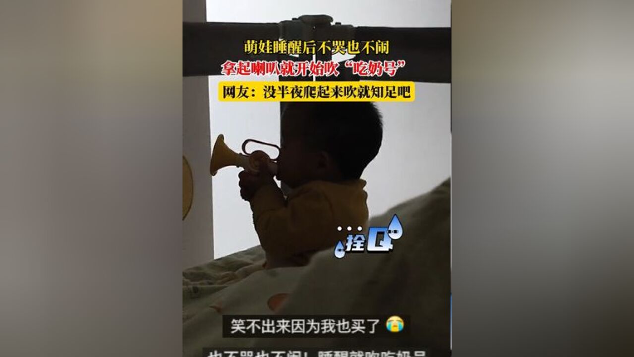 萌娃睡醒后不哭也不闹,拿起喇叭就开始吹“吃奶号”,网友:没半夜爬起来吹就知足吧