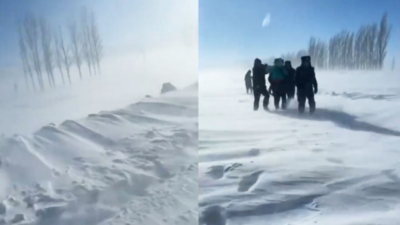 实拍新疆托里现“风吹雪”:大风裹挟着雪花 民警救援像极流浪地球