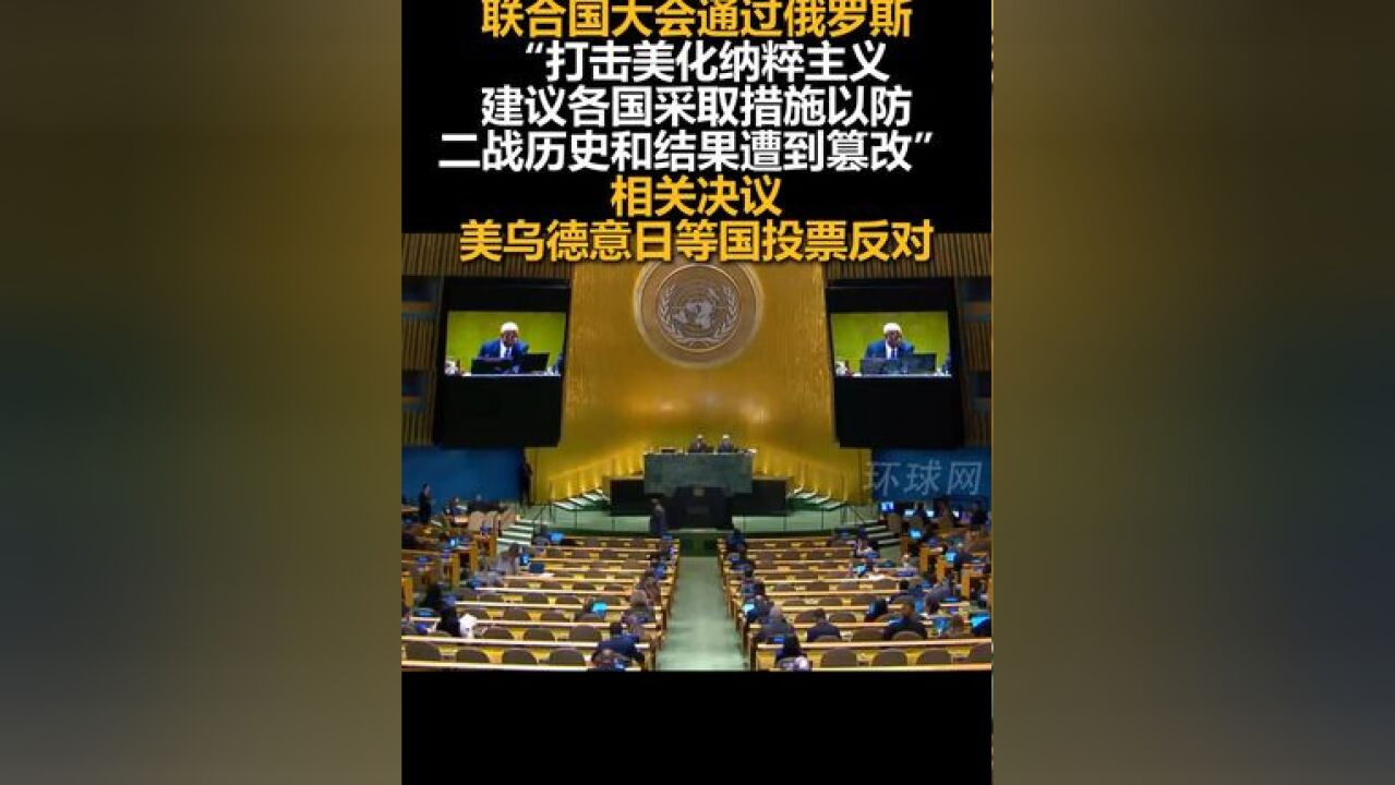 联合国大会通过俄罗斯“打击美化纳粹主义,建议各国采取措施以防二战历史和结果遭到篡改”相关决议,美乌德意日等国投票反对