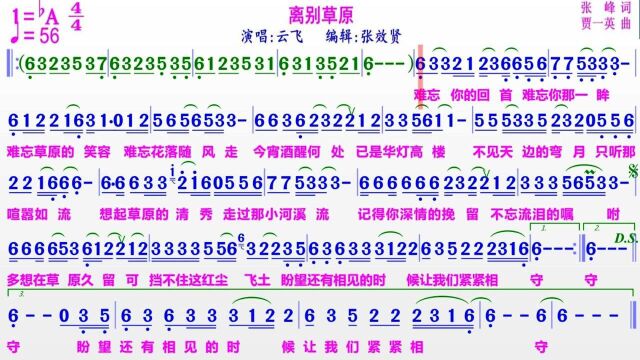 云飞演唱《离别草原》的光标跟随动态有声简谱