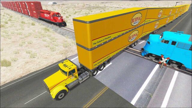 火车脱轨,千吨王火车以220km/h冲向停在铁轨上的货车,BeamNG