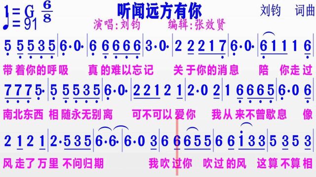 刘钧词曲并演唱《听闻远方有你》的完整版彩色动态简谱