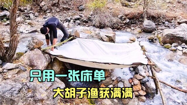 大胡子只用一张床单,简单堆砌一个石窝,就收获几十斤肥鱼