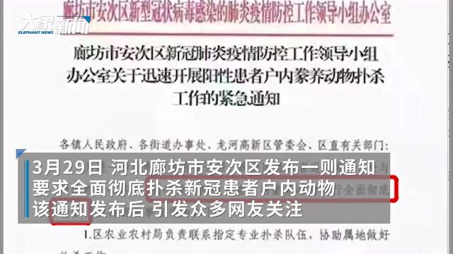 扑杀新冠患者户内动物?廊坊安次区道歉:通知收回,停止实施