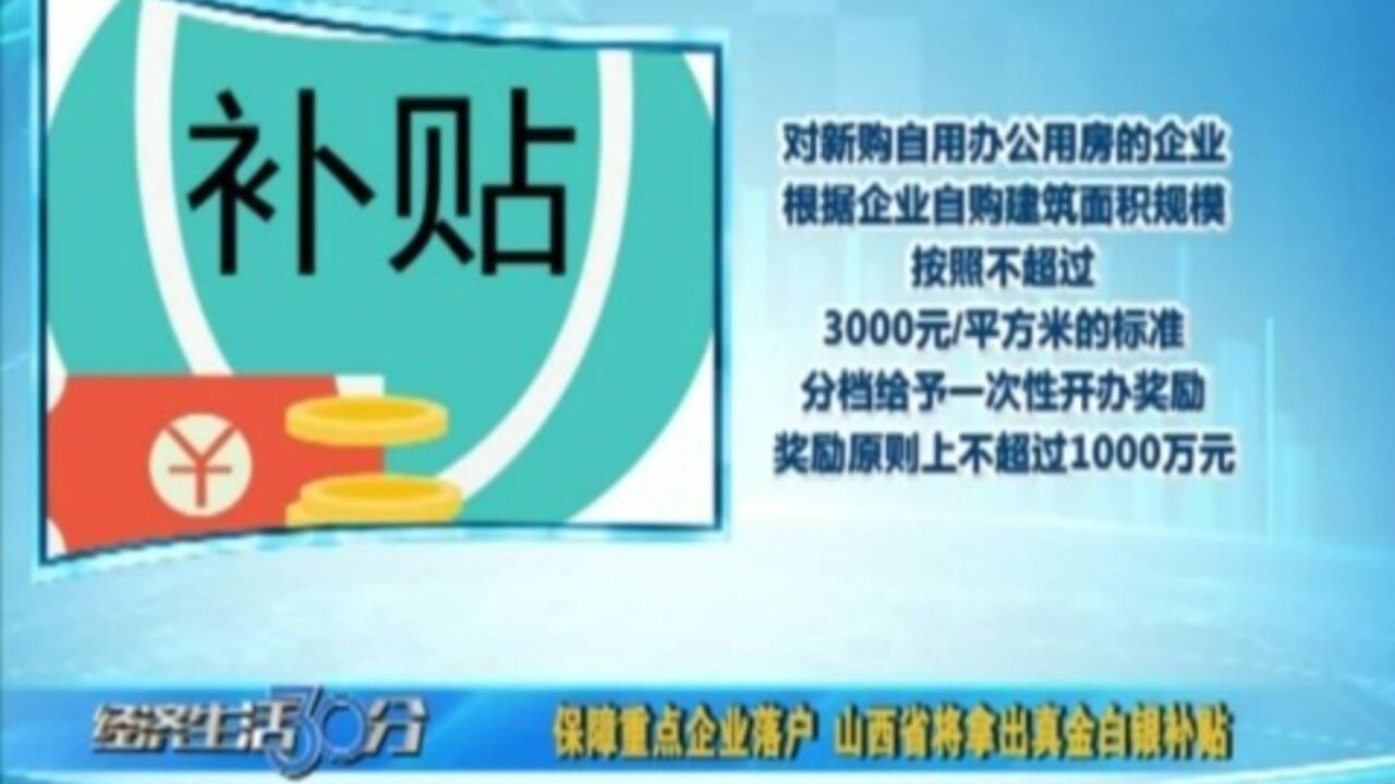 保障重点企业落户,山西省将拿出真金白银补贴